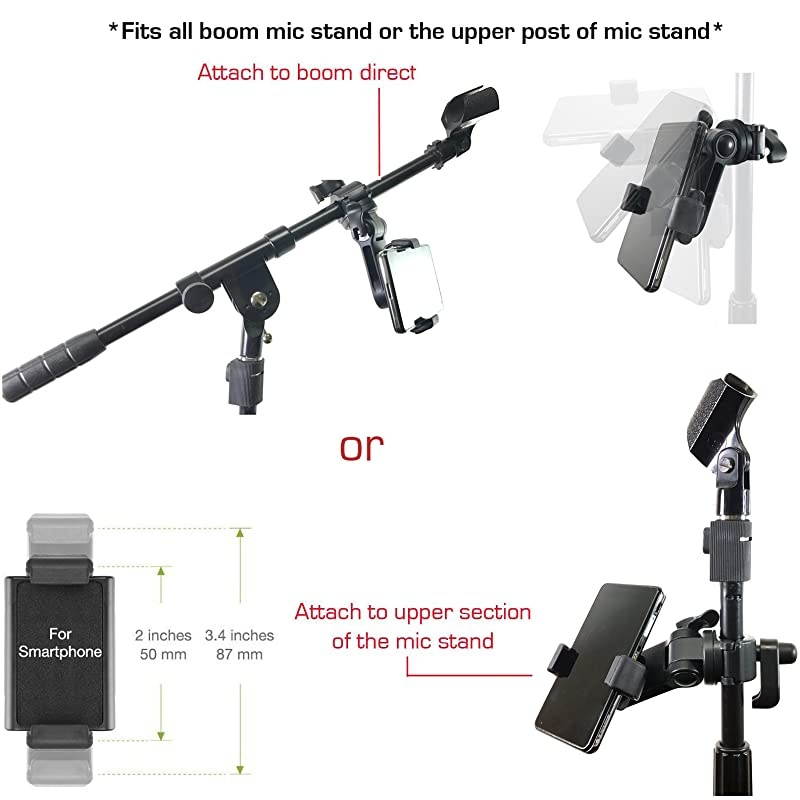 Music Boom Mic Microphone Stand Smartphone Mount w360&deg; Swivel Adjust Holder for Apple iPhone 11 Pro XR XS MAX X SE Samsung Galaxy S20 S10 12 Phones Zoom Video Compatible