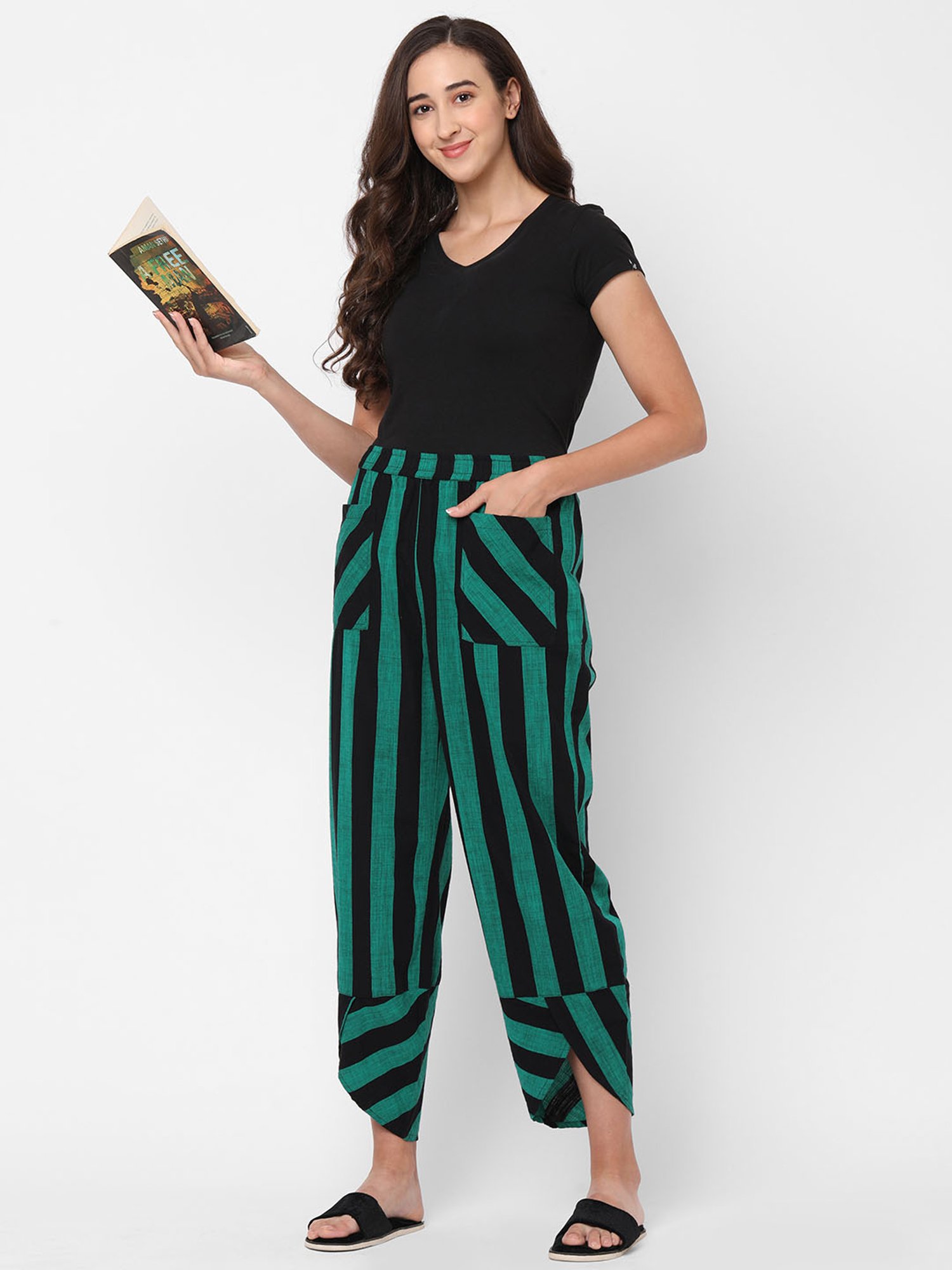 Mystere Paris Green & Black Striped Lounge Pants