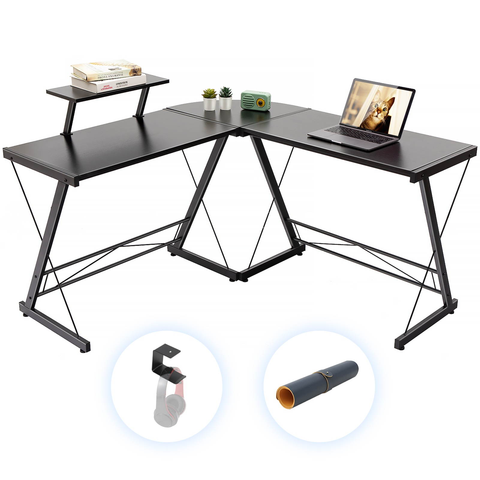 Gome L-Shaped Computer Desk - 51" Corner Desk with Monitor Stand for Home Office, Modern Writing Desk for Work, Study and Gaming for saving space, Ergonomic Wood Desk (Black)