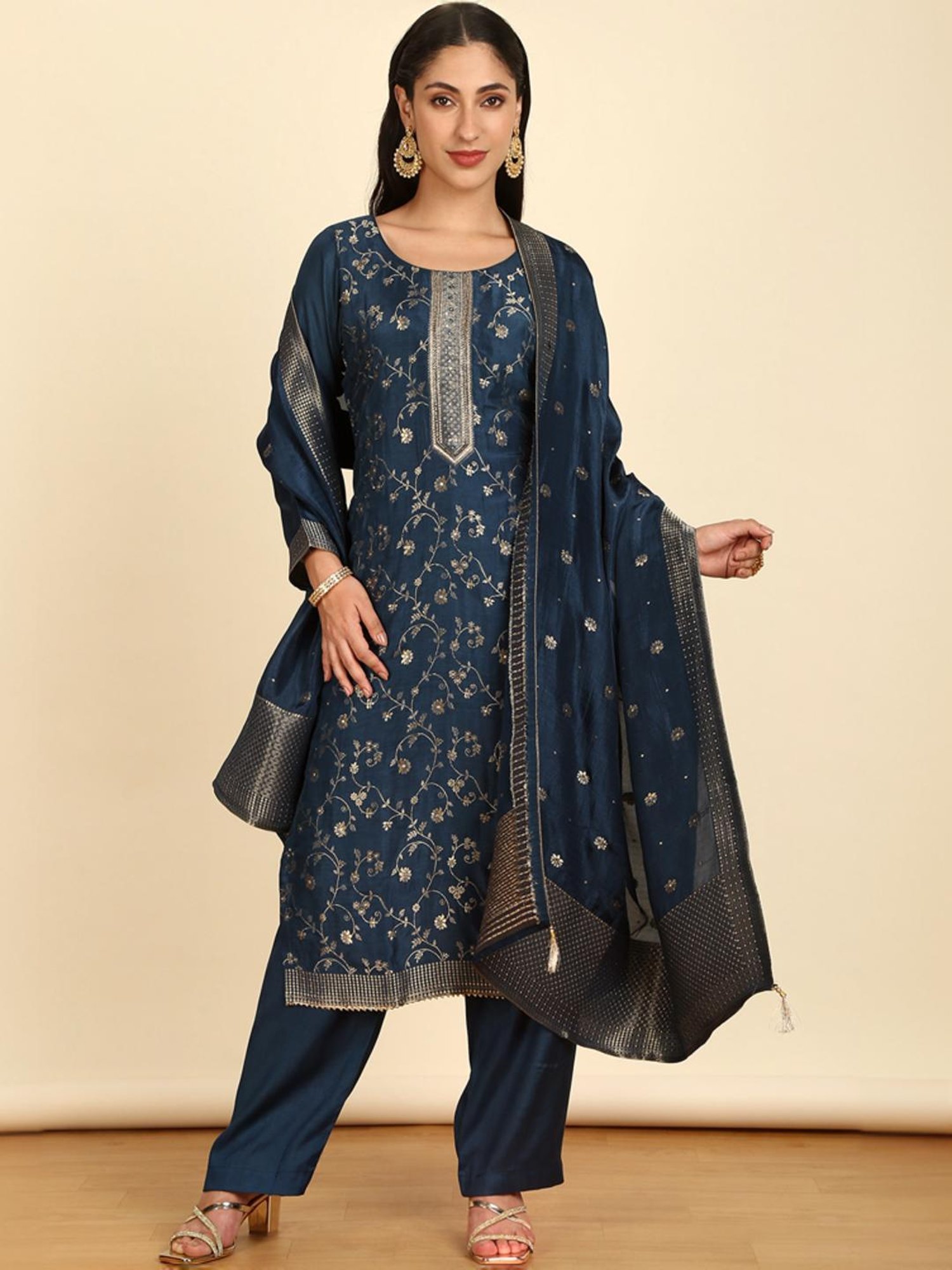 Soch Womens Navy Blue Silk Blend Zari Woven Unstitch Dress Material With Mirror & Cutdana