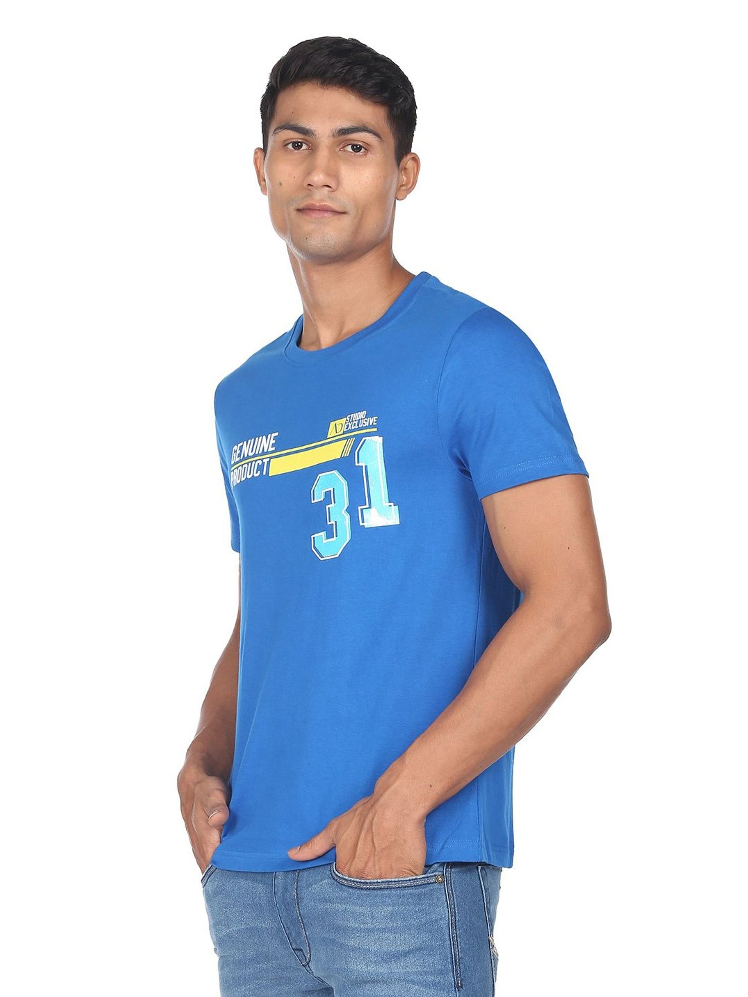 AD by Arvind Royal Blue Slim Fit Crew T-Shirt
