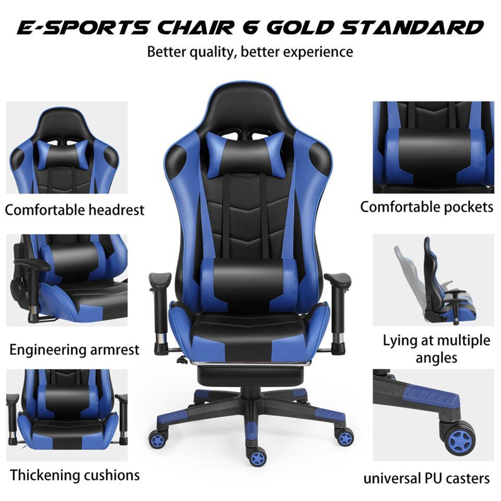 Ergonomic Gaming Chair Racing Chair E-Sports Chair Home Office Chair Computer Game Chair Backrest and Seat Height Adjustable Chair with PU Leather Lumbar Support and Headrest