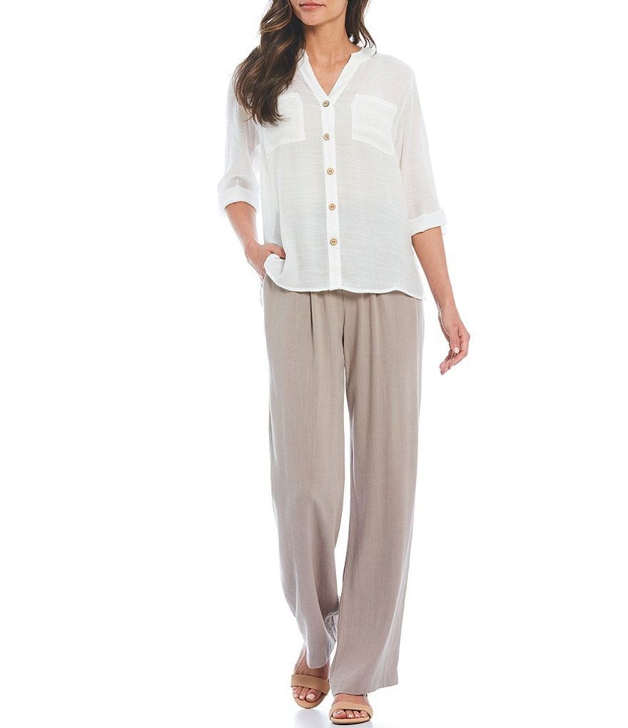 I.N. Studio Solid Gauzy Texture 3/4 Roll-Tab Sleeve Button Down Shirt