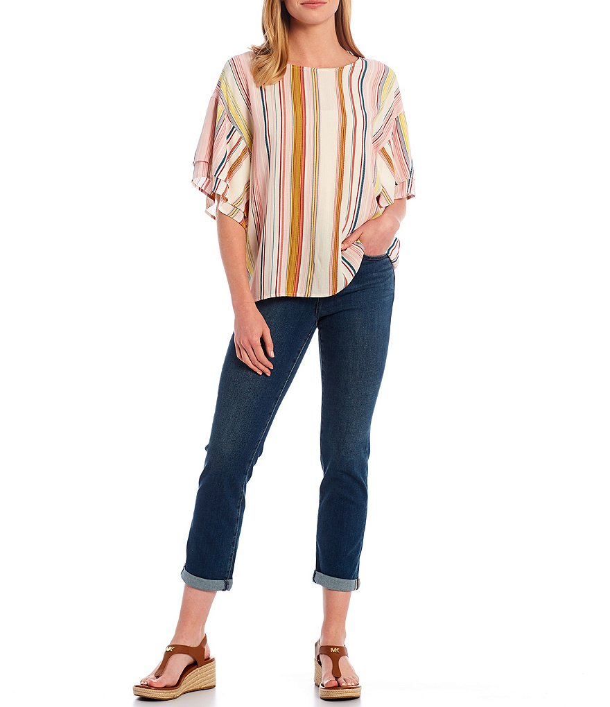 Bobeau Multicolor Stripe Print Double Ruffle Short Sleeve Top