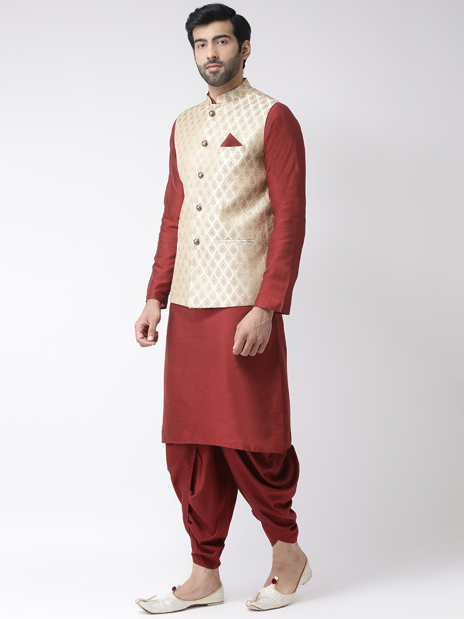 KISAH PLUS Beige & Maroon Regular Fit Jacquard Kurta Set With Jacket