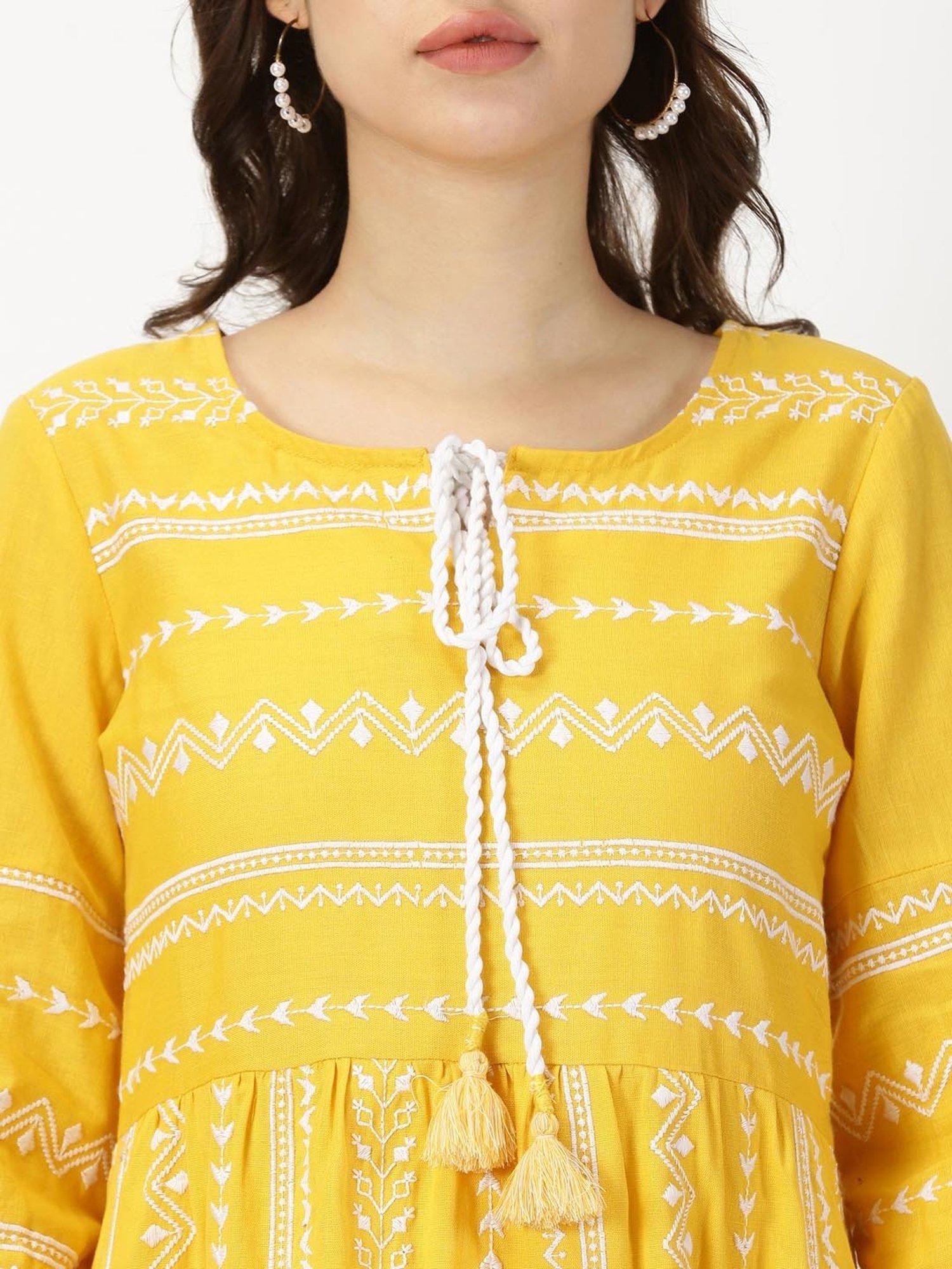 Saffron Threads Yellow Cotton Embroidered Ethnic Dress