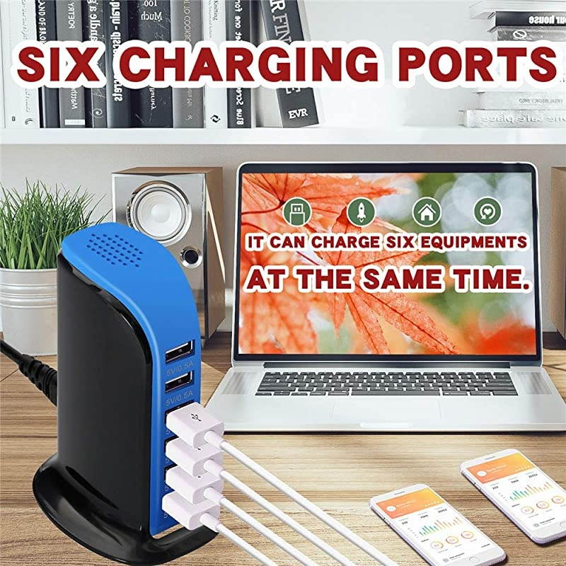 Charge 30 USB Wall Charger 6 Ports QC 30 Desktop USB Hub Charging StationTravel Charger Fast Charging Compatible with PhonesTabletsSmartphones and MoreBalck +Blue