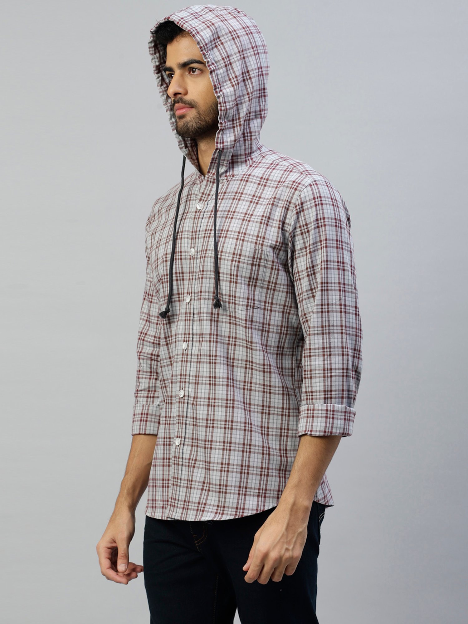 Don Vino Grey & Brown Regular Fit Check Cotton Hooded Shirt