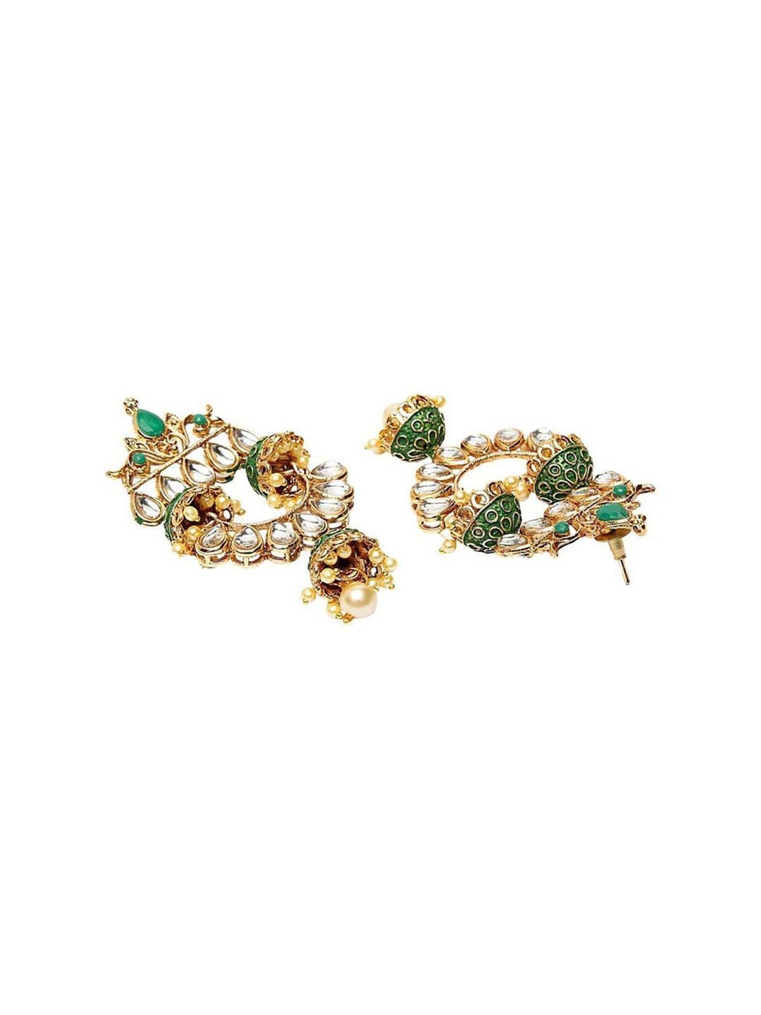 Panash Green & Gold-Plated Kundan Handpainted Dangler Earrings
