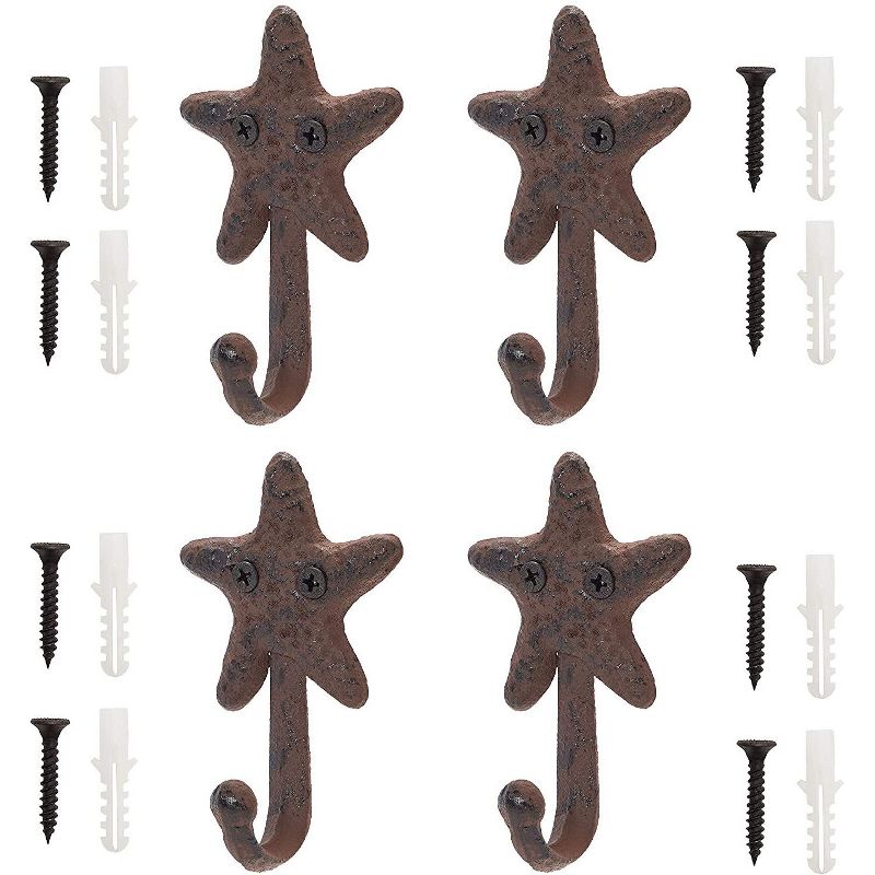 Okuna Outpost 4 Pack Dark Bronze Cast Iron Beach Starfish Decorative Wall Hooks, 0.3 x 2.6 x 4 in