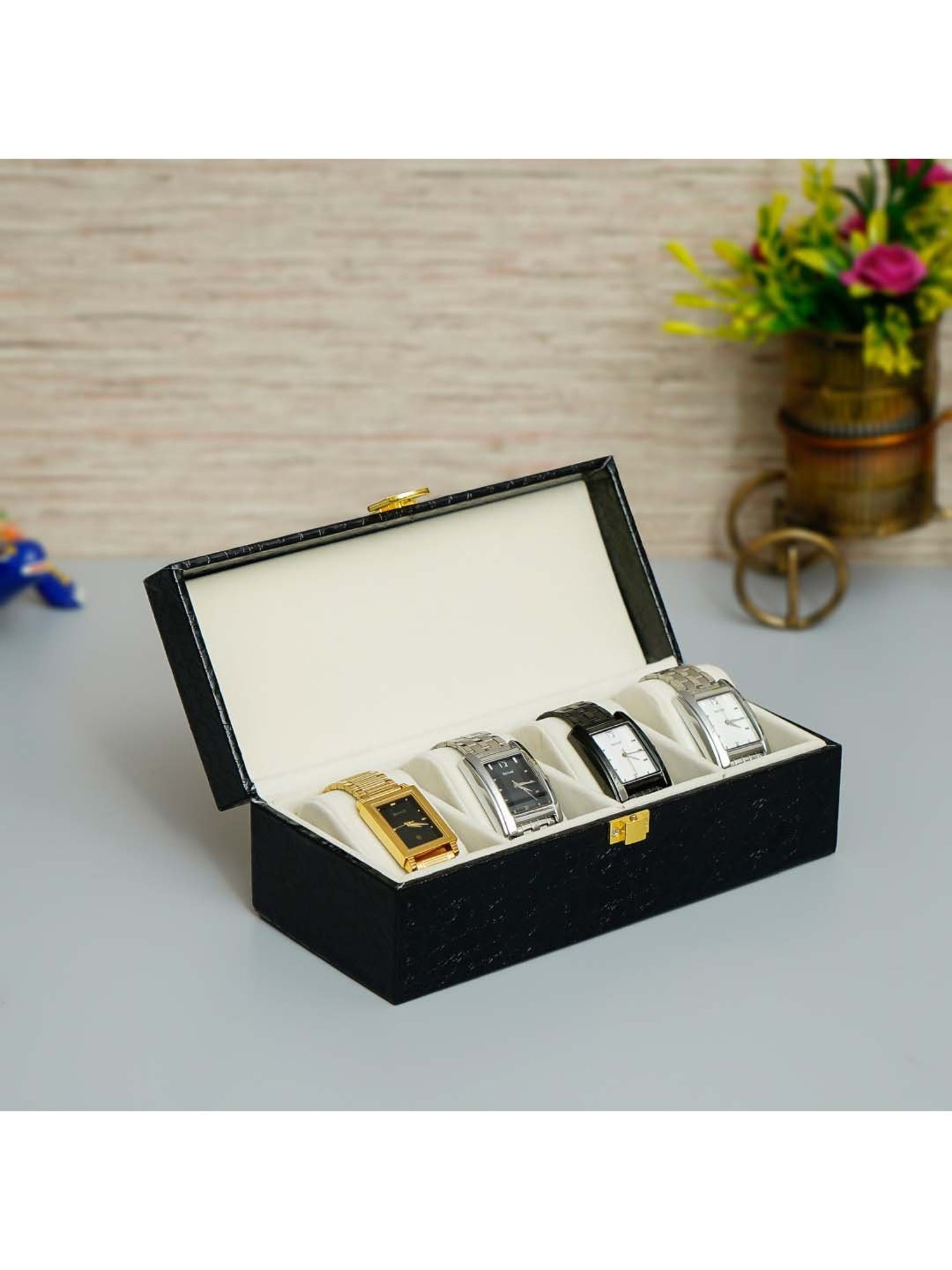 eCraftIndia Black Leather Rexine Watch Organizer Box - Set of 1