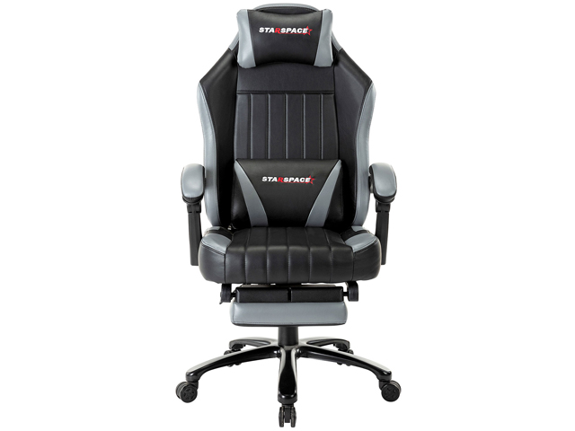 STRASPACE Big & Tall 400lb Memory Foam Reclining Gaming Chair Metal Base - Adjustable Back Angle and Retractable Footrest Ergonomic High-Back Leather Racing Executive Computer Desk Office Chair, Blue