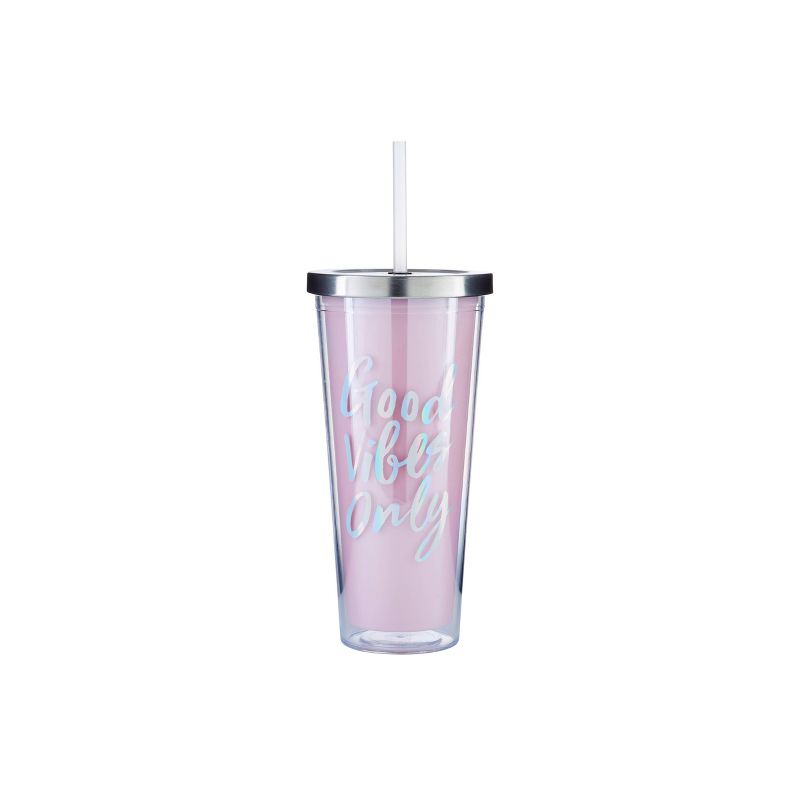 Parker Lane 22oz Double Wall Straw Tumbler "Good Vibes Only" Pink