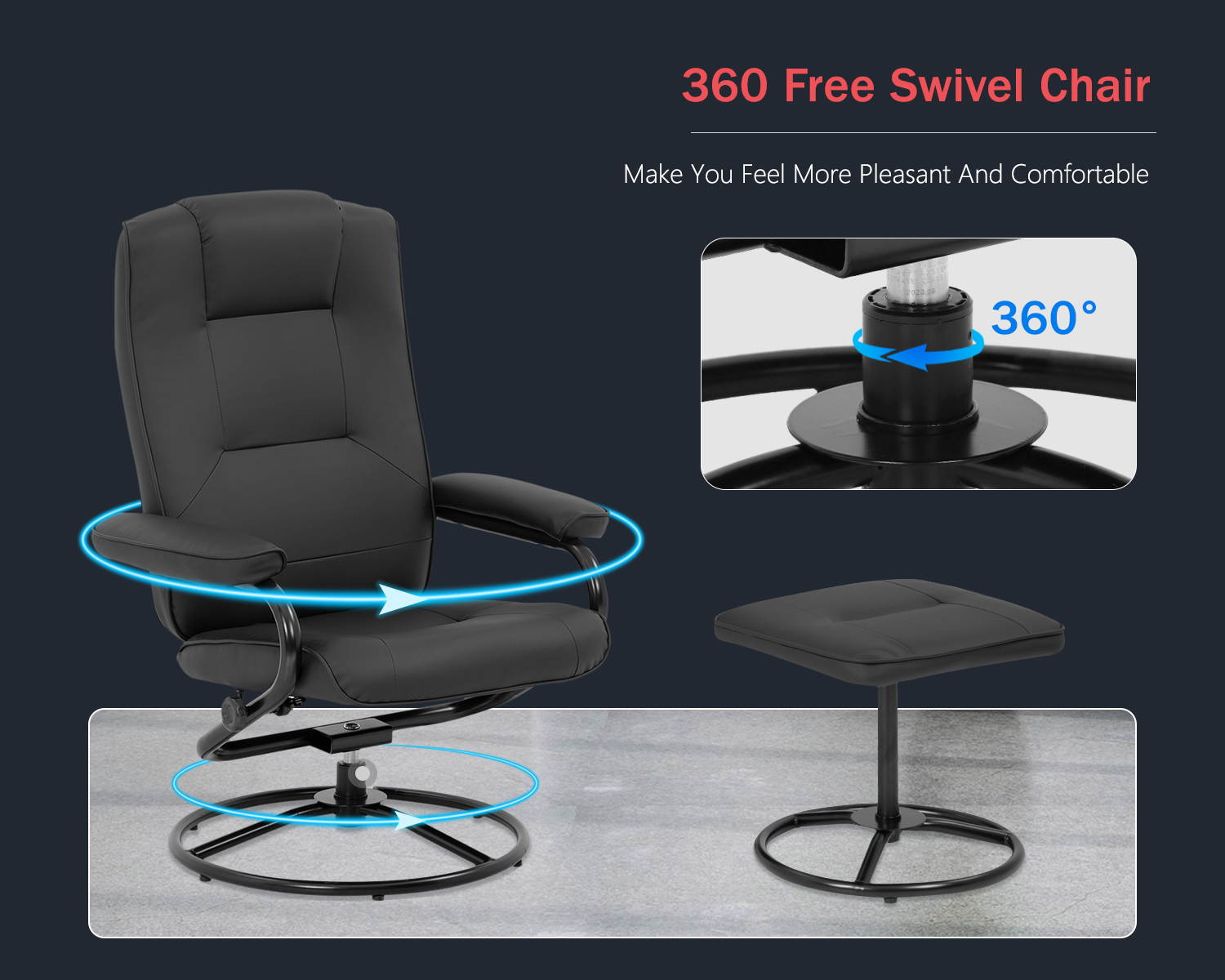 Chair and Ottoman Set Leather Chair with Ottoman Stressless Chair Ergonomic Swivel PU Leather Lounge Armchair Accent Chair for Home Office Living Room Black