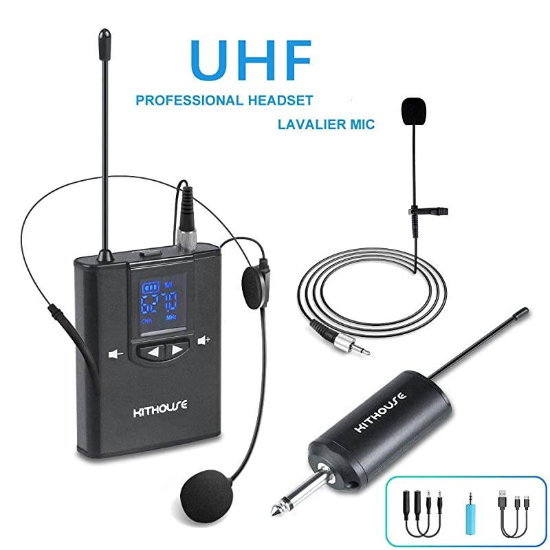 UHF Wireless Microphone Lavalier Lapel Mic Headset Microphone Rechargeable Transmitter and Receiver with 14 Output 164 FT Range for Phone Speaker Teaching