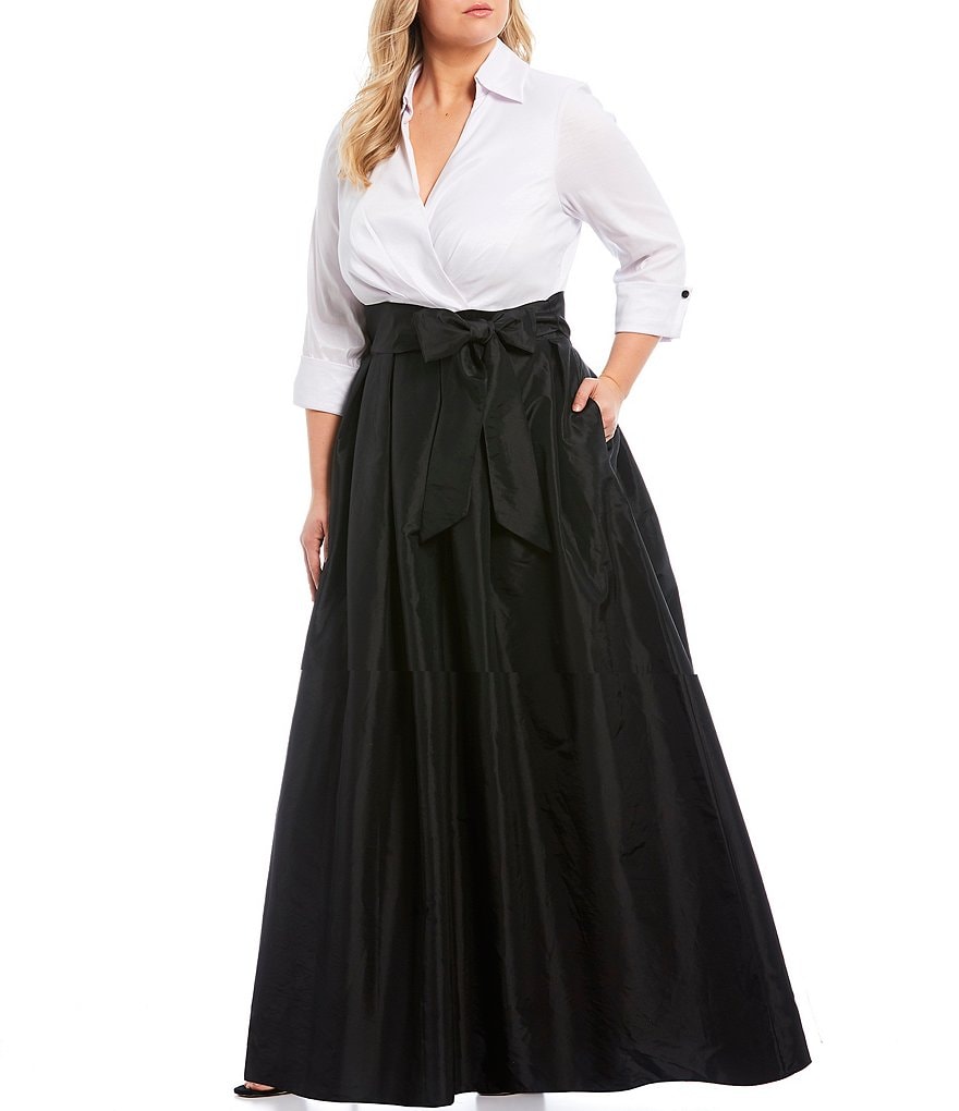 Jessica Howard Plus Size Color Block Notch Collar Taffeta Ballgown