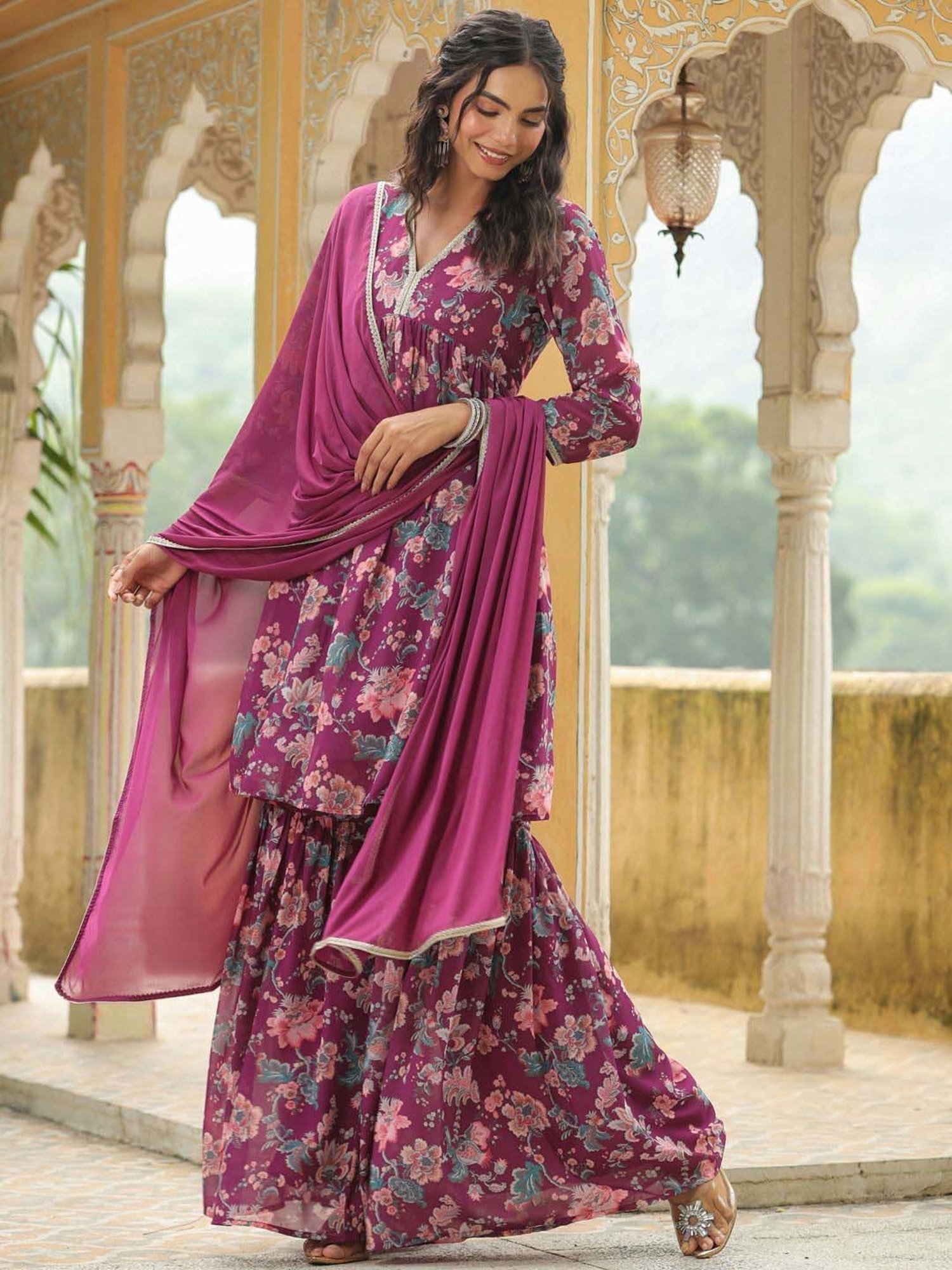 Janasya Purple Printed Kurti Sharara Set With Dupatta