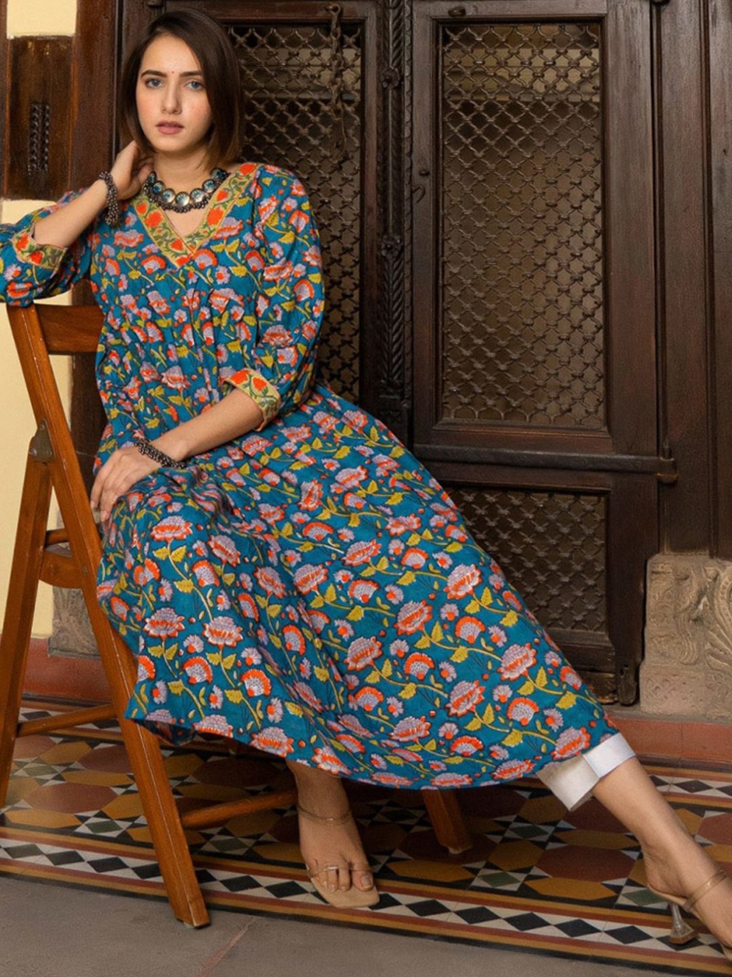 Eeshva India Blue & Orange Florest Jaal Hand Blocked Kurta In Cotton