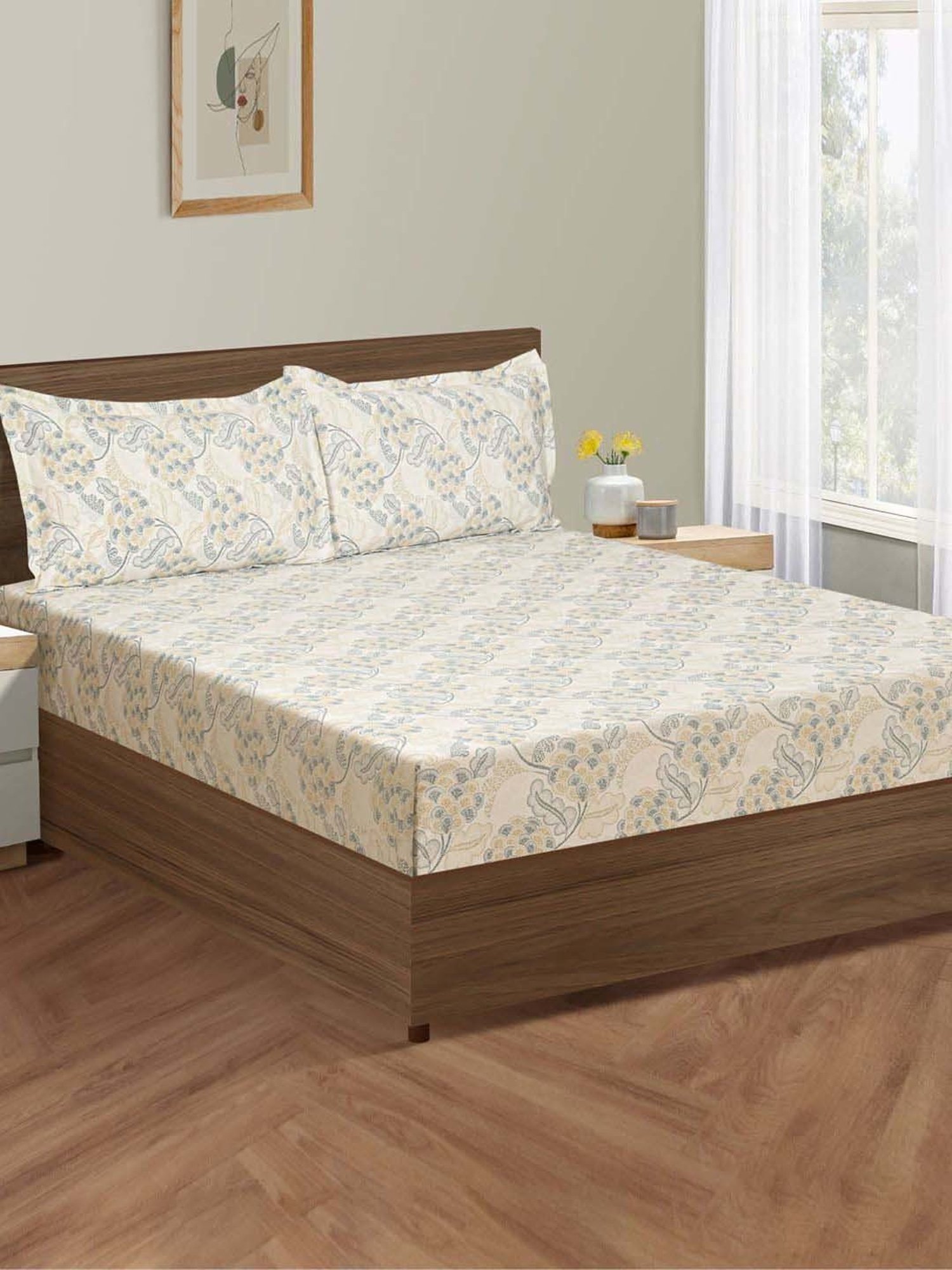 Swayam Grey & Brown Cotton 144 TC Double Size Bedsheet With Pillow Covers