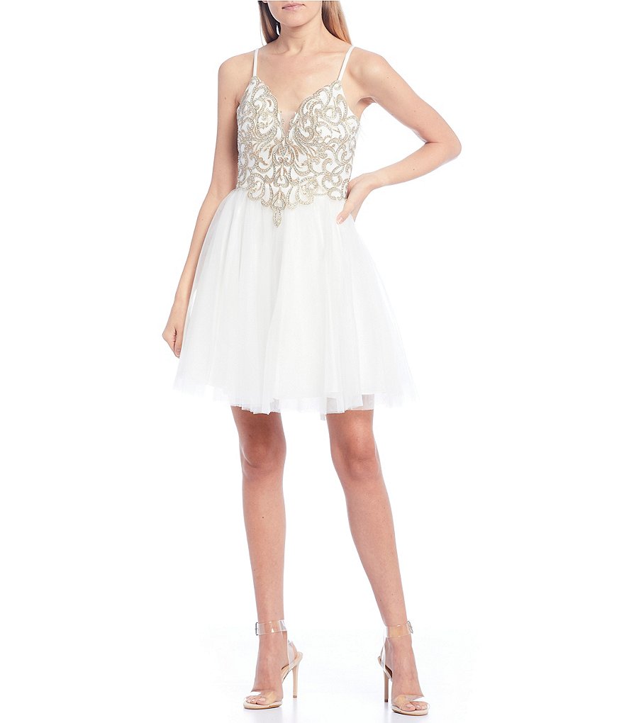 Blondie Nites Spaghetti Strap Embroidered Bodice Lace-Up Back Mesh Dress