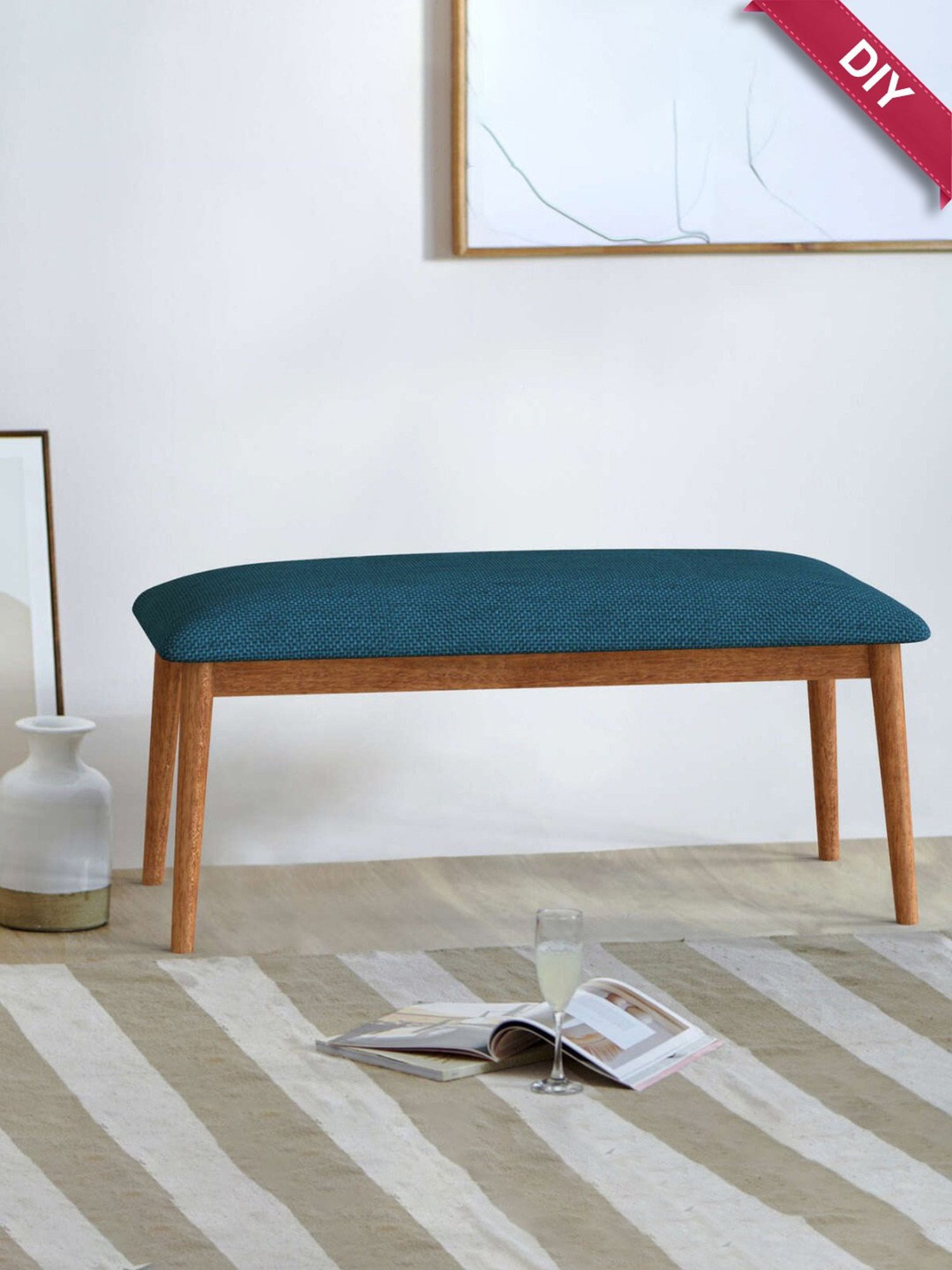 Chumbak Jodhpur Mediterranian Solid Blue Sheesham Wood Bench