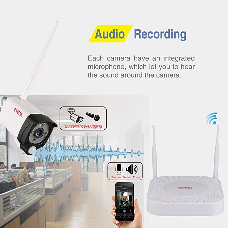 3MP & 2 Way Audio]  Ultra HD Security Camera System Wireless,8CH NVR Recorder with 2TB HDD and 8PCS 3MP Outdoor Bullet Cameras with PIR Sensor,Floodlight,Plug and Play,Easy Installation(White)