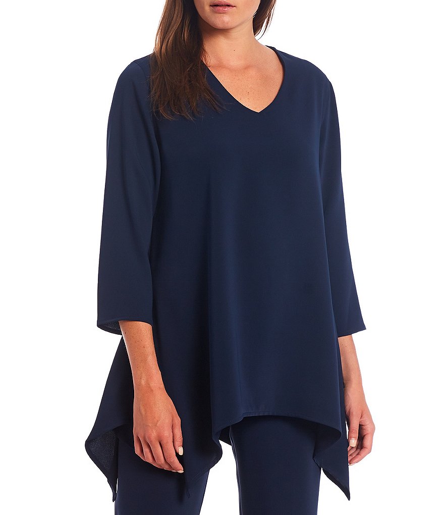 Caroline Rose Matte Crepe V-Neck 3/4 Sleeve Side Drape Swing Tunic