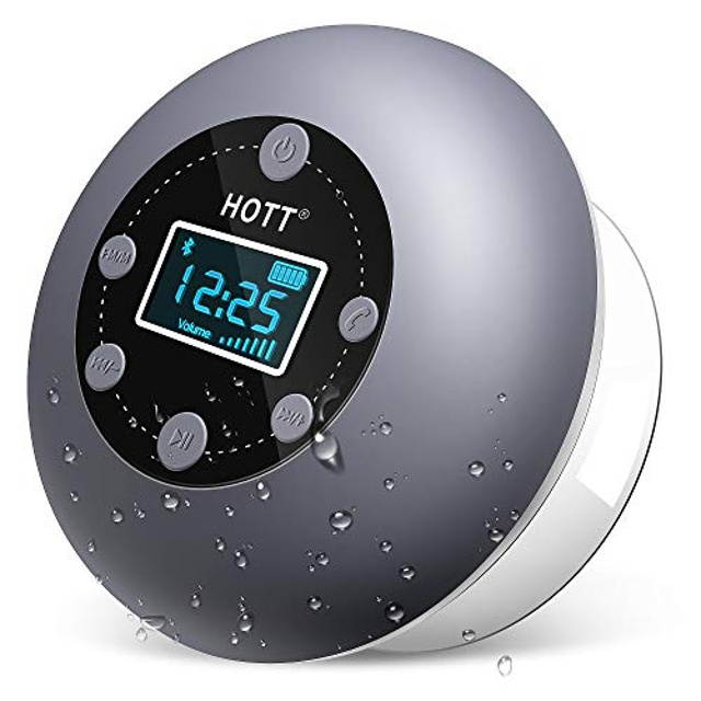 Shower Speaker, Bluetooth Shower Speaker Water Resistant with LCD Clock Display, Loud HD Sound, Suction Cup, HOTT Shower Radio with 10H Playtime, FM, SD Card, Microphone, Free Call for iPhone