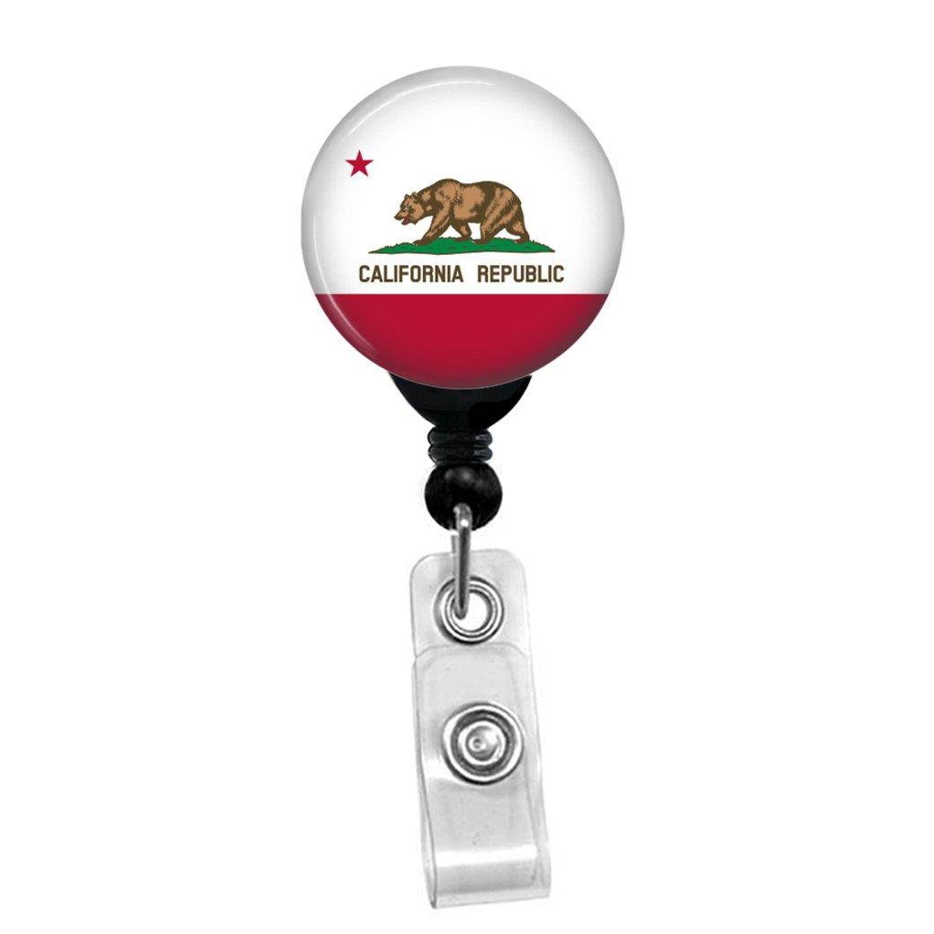 California Flag Retractable Badge Reel - ID Card Name Tag Custom Badge Holder (Black Badge Reel with Spring Pinch Clip)