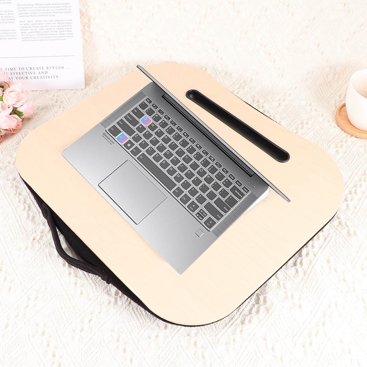 Multifunctional Tablet PC Holder Particle Interior Laptop Storage Rack Tablet Table Stand with Slot (Brown Grain)