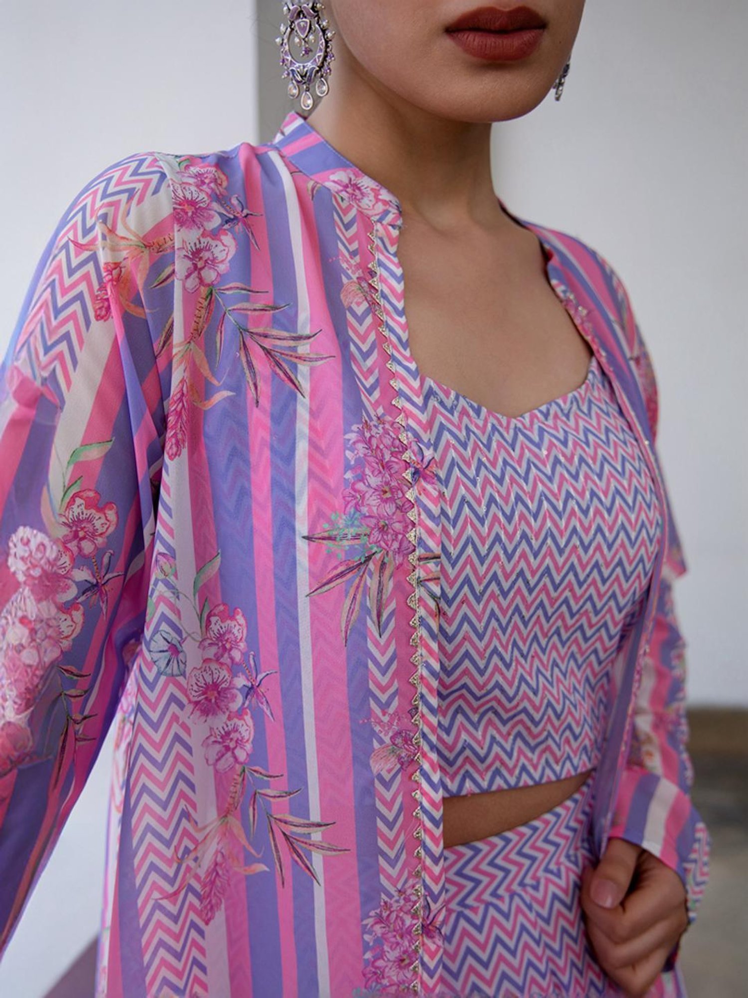 Janasya Purple & Pink Printed Top Palazzo Set With Jacket