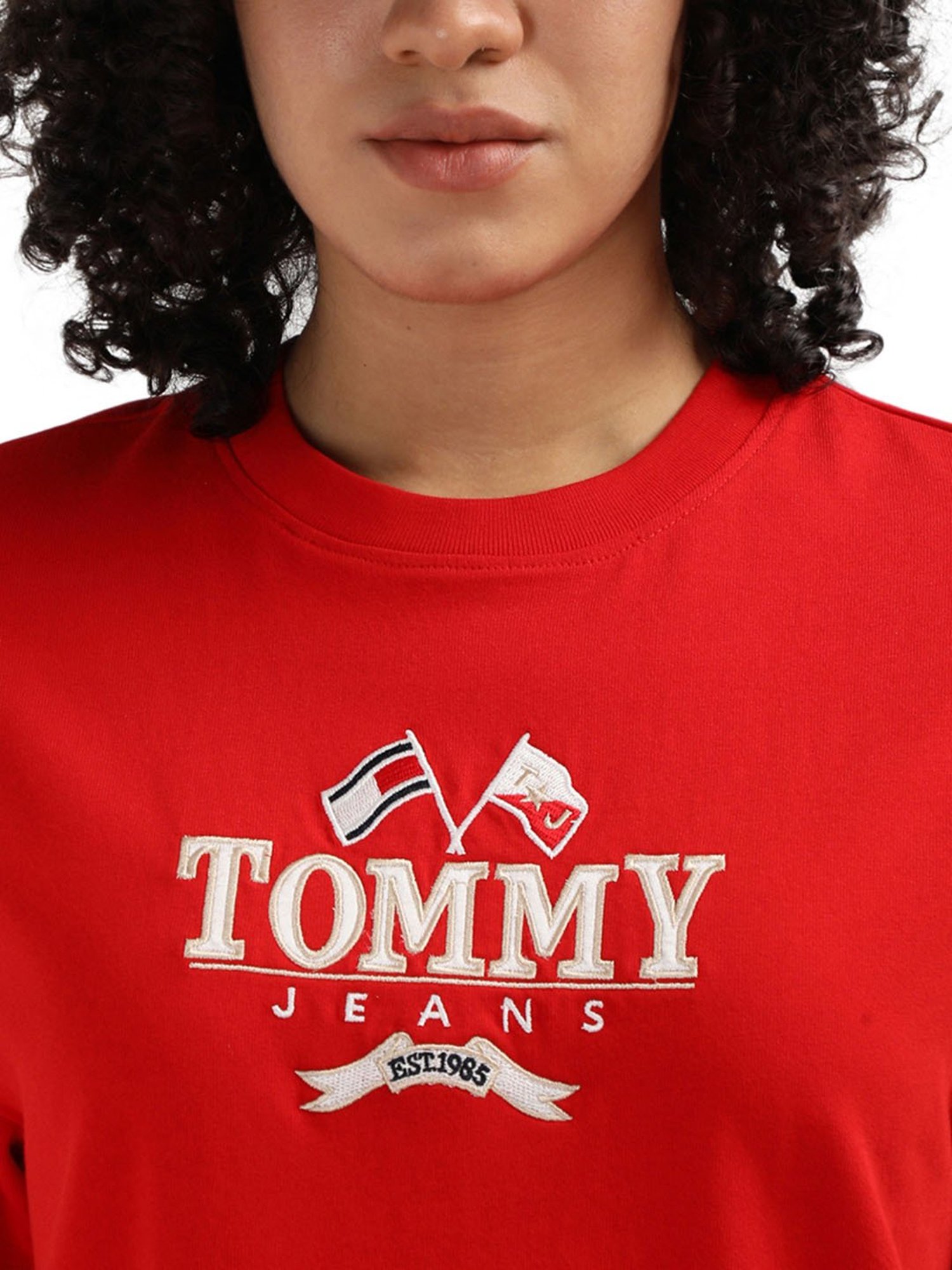 Tommy Hilfiger Red Pure Cotton Embroidered Women Regular Fit T-Shirt