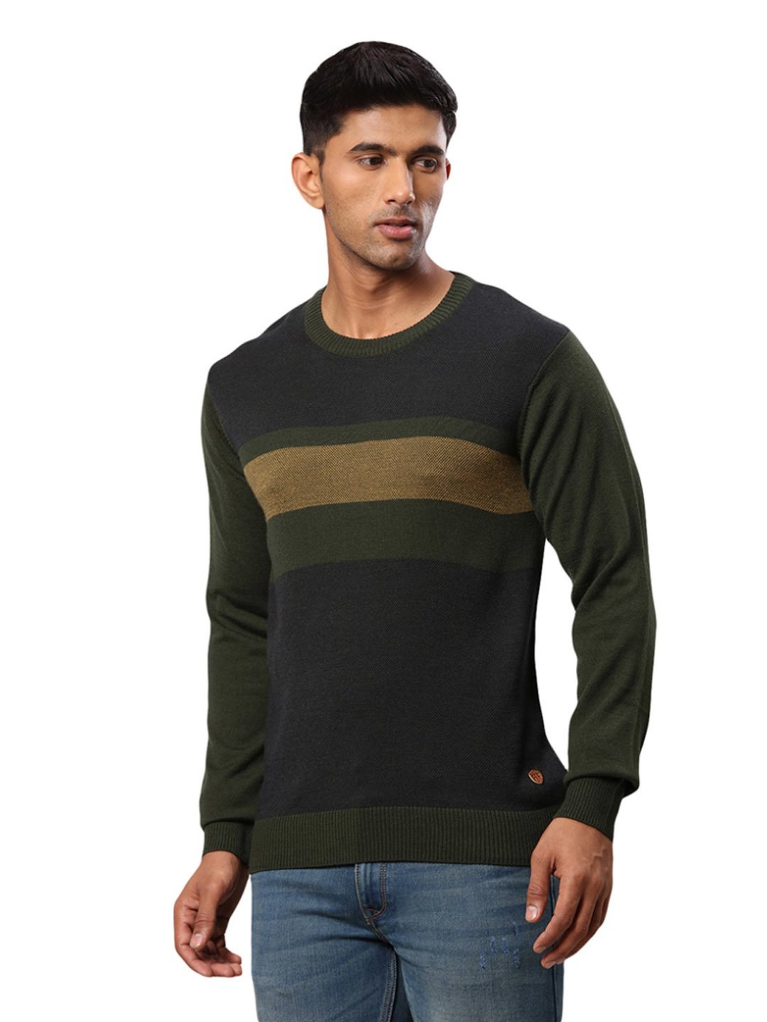 Raymond Green & Blue Regular Fit Colour Block Sweater