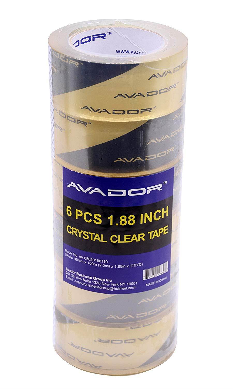 AVADOR Crystal Clear High Performance Heavy Duty Packaging Tape Water Base 2.0 Mil Thick 1.88" Wide 110yd Length (Pack of 36)