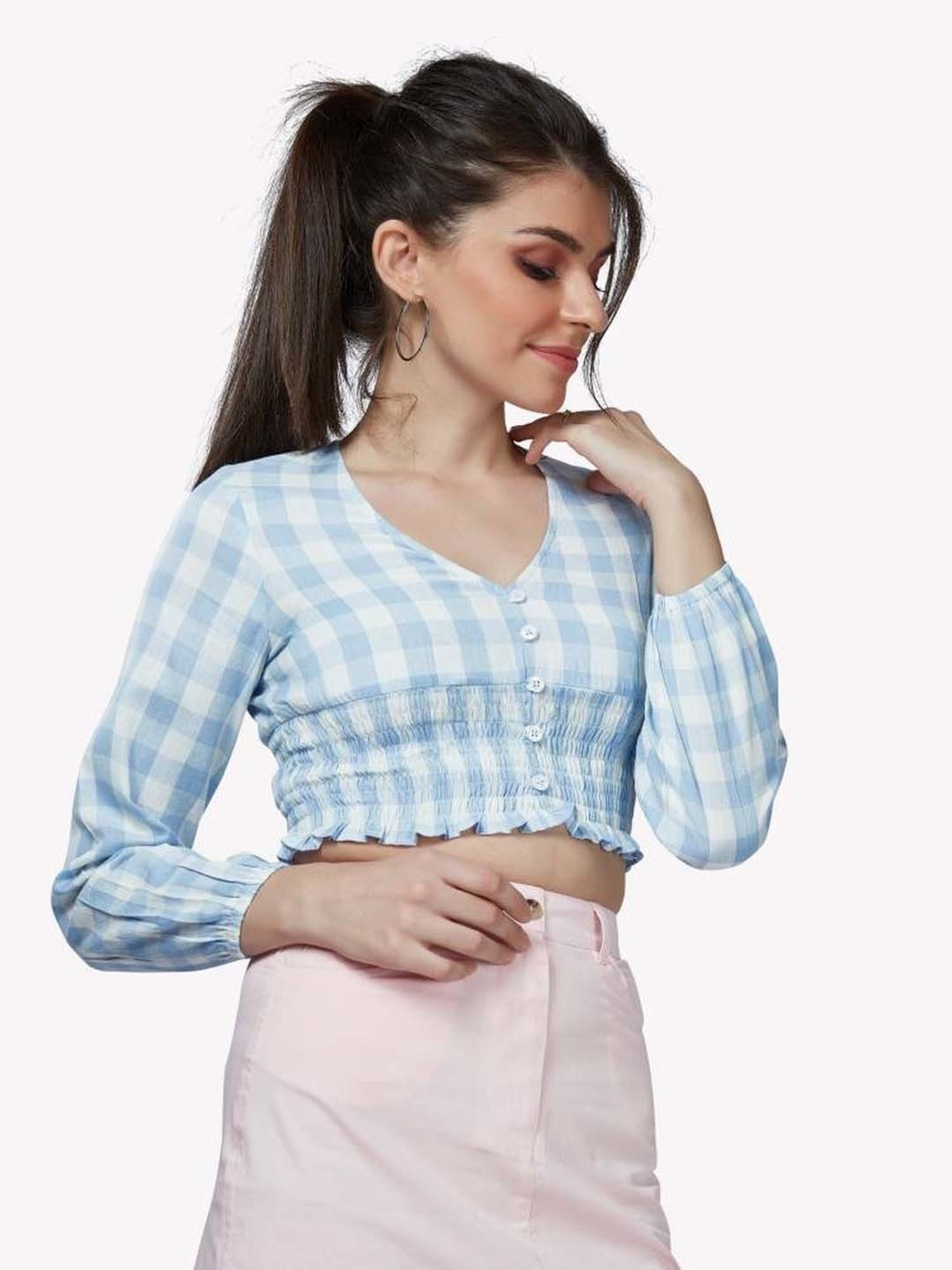 VASTRADO Blue Cotton Chequered Crop Top
