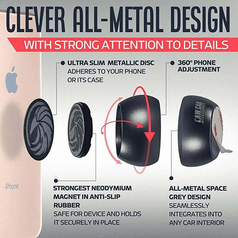 Car Phone Mount Magnetic AllMetal iPhone Car Mount for Any Smartphone or GPS Truly OneHanded Cell Phone Holder for Car Dashboard