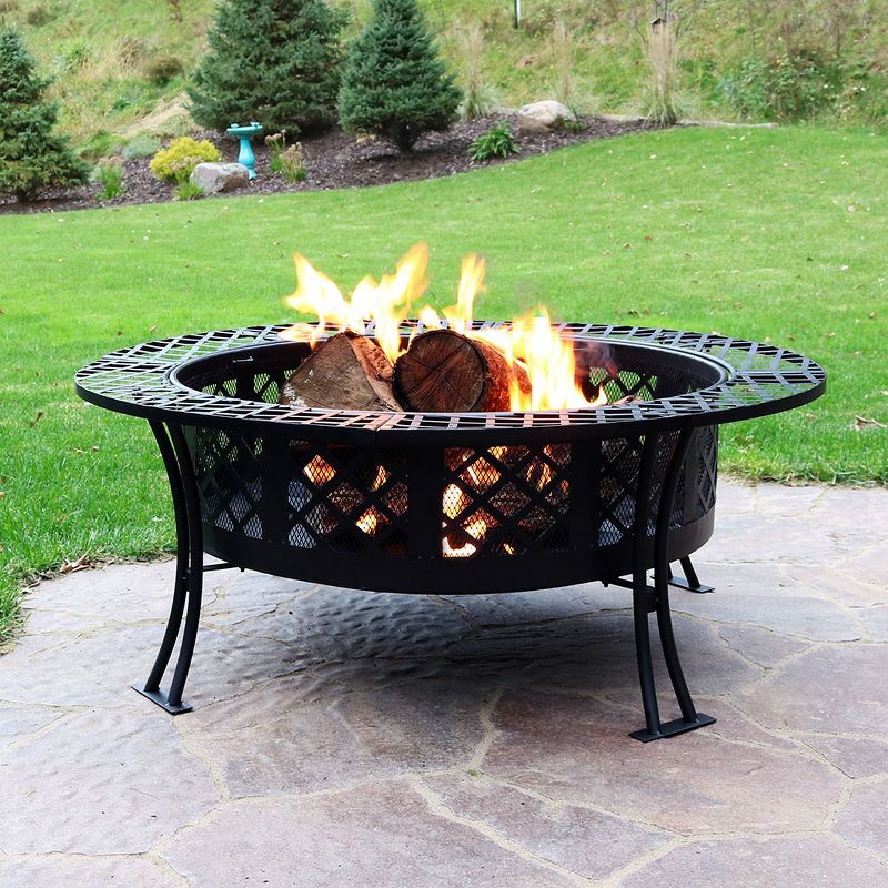 Sunnydaze Outdoor Camping or Backyard Steel Diamond Weave Fire Pit Bowl with Spark Screen - 40" - Black