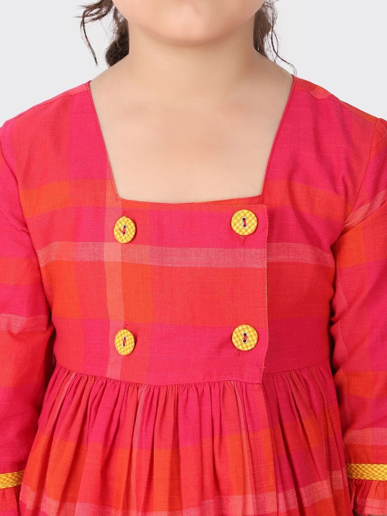 Fabindia Kids Red Cotton Chequered Dress