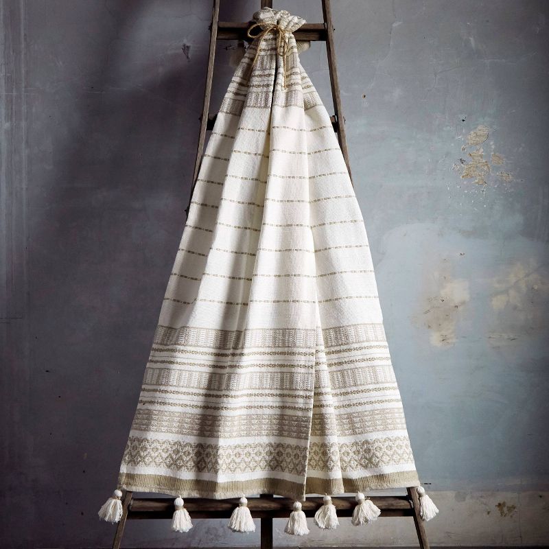 50"x60" Woven Striped Throw Blanket with Pom-Poms Tan - Patina Vie