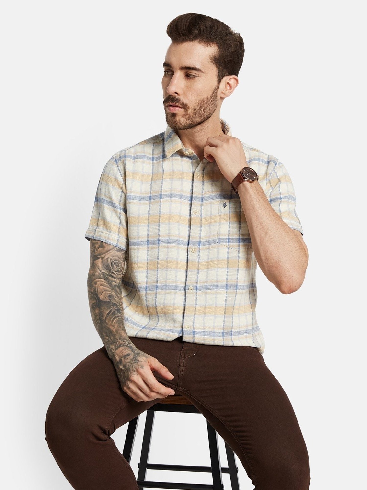 Mettle Mustard Cotton Regular Fit Checks Shirt