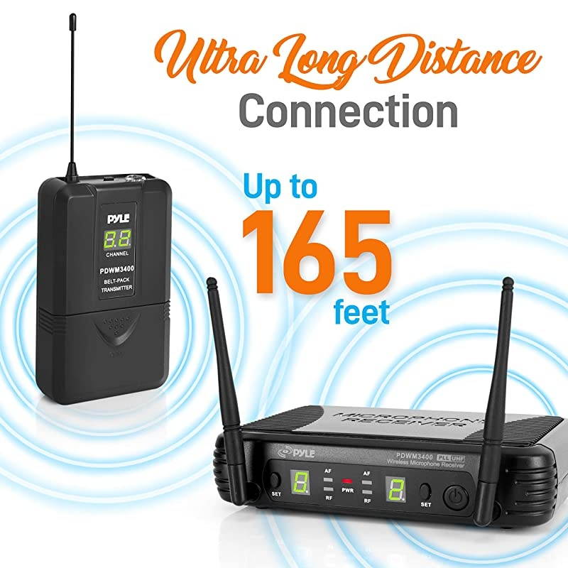 2 Channel Wireless Microphone System Portable UHF Digital Audio Mic Set with 2 Headset 2 Lavalier lapel 2 Transmitter &frac14; cable power adapter For Karaoke PA DJ PDWM3400