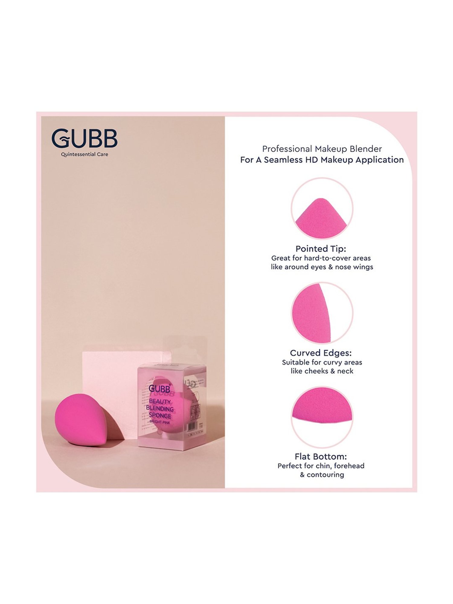 GUBB Beauty Blender for Face Makeup Application, Makeup Sponge - Bright Pink