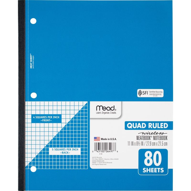 Mead Wireless Neatbook 1-Sub Quad Rule 11"x8-1/2" 80 Shts WE 06497