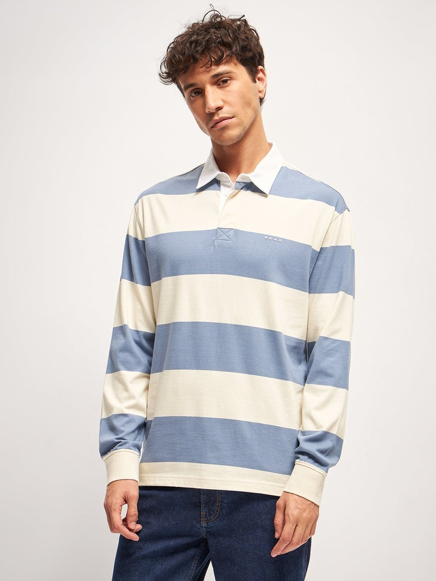 The Bear House Blue Cotton Relaxed Fit Striped Polo T-Shirt