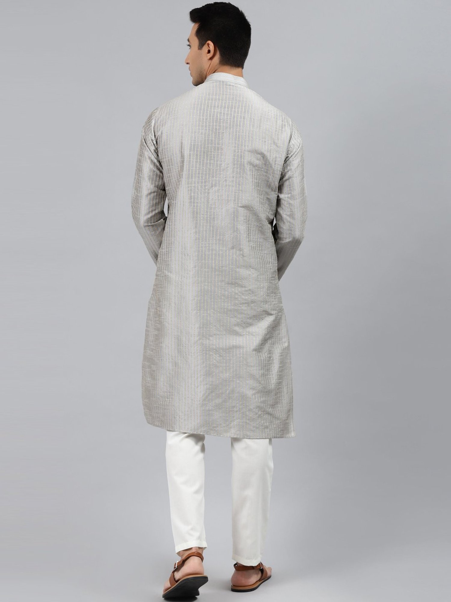 ManQ Grey Regular Fit Striped Ethnic Wear