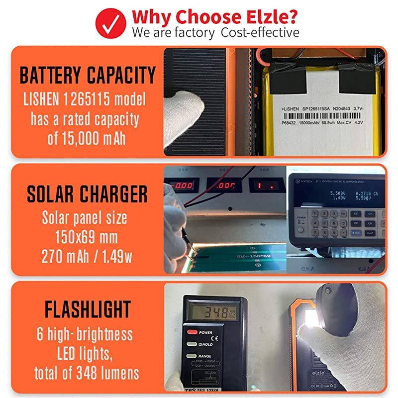 Portable Charger Power Bank 15000mAh,  Solar Charger, Solar Power Bank Battery Pack, high Speed Charging Solar Phone Charger for iPhone, Samsung and More. Black