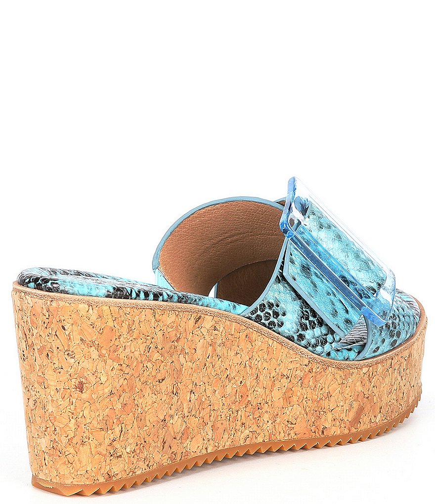 Donald Pliner Illiad Leather Snake Print Buckle Platform Cork Wedges