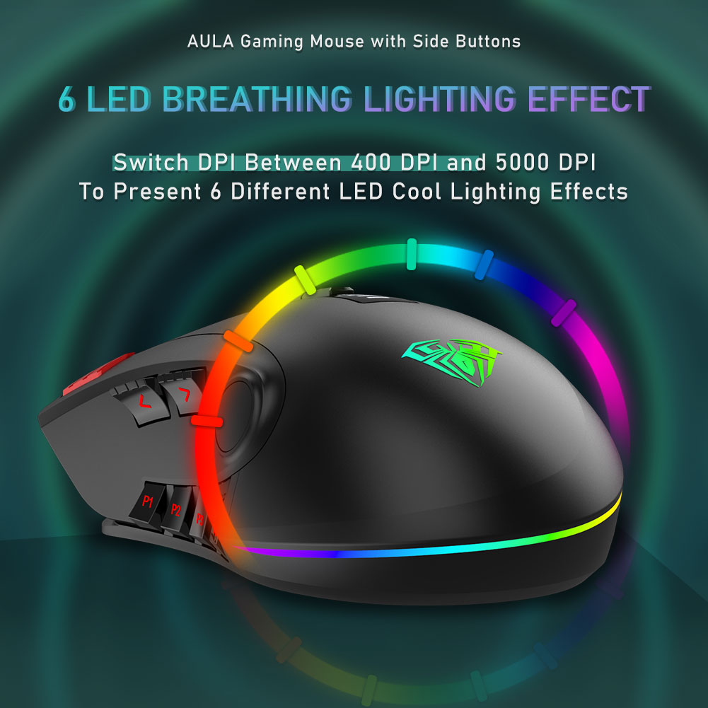 AULA RGB Gaming Mouse with Side Buttons Macro Programming 10000 DPI Adjustable 14 Key Wired USB Backlit Mouse for Desktop Laptop - H510 White