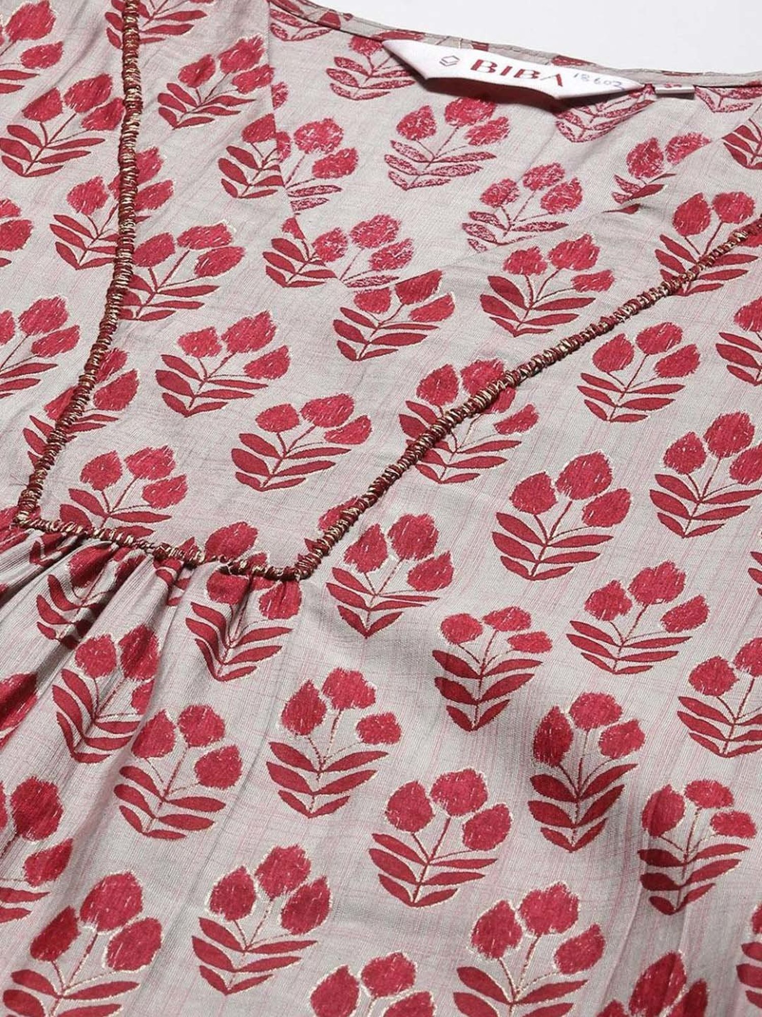 Biba Grey & Maroon Printed Kurti Pant Set