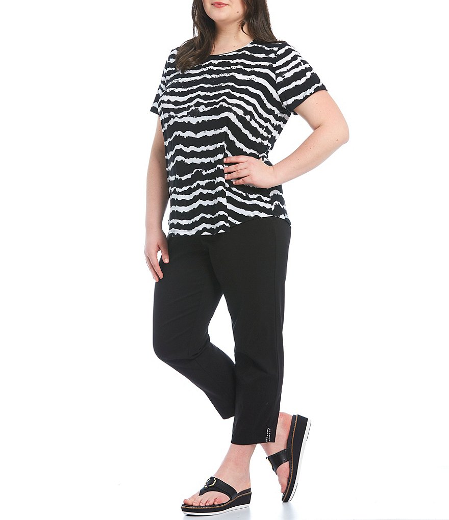 Allison Daley Plus Size Tech Stretch Embellished Hem Detail Pull-On Ankle Pants